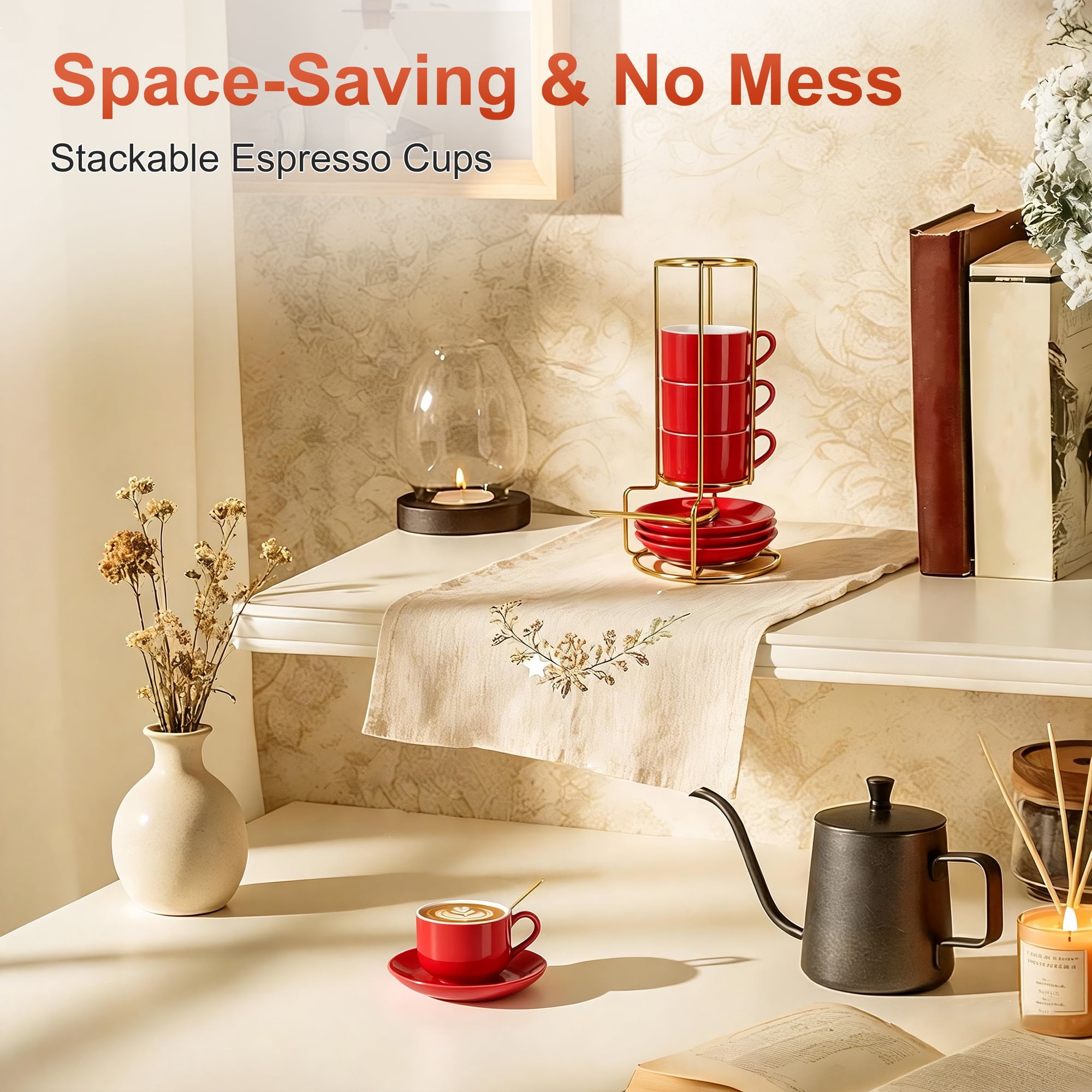 Unique Bargains 3 Ounce Espresso Cups Set of 4 Stackable Demitasse Mugs Includes Display Stand Cups Saucers and Spoons for Machines & Home Use Red Gold Tone