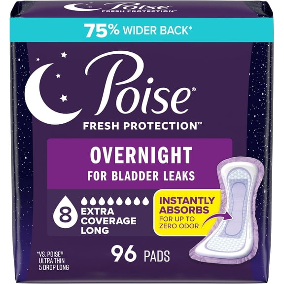 Overnight Incontinence & Postpartum Pads for Bladder Leaks, 8 Drop Extra Coverage, 96 Count, Packaging May Vary