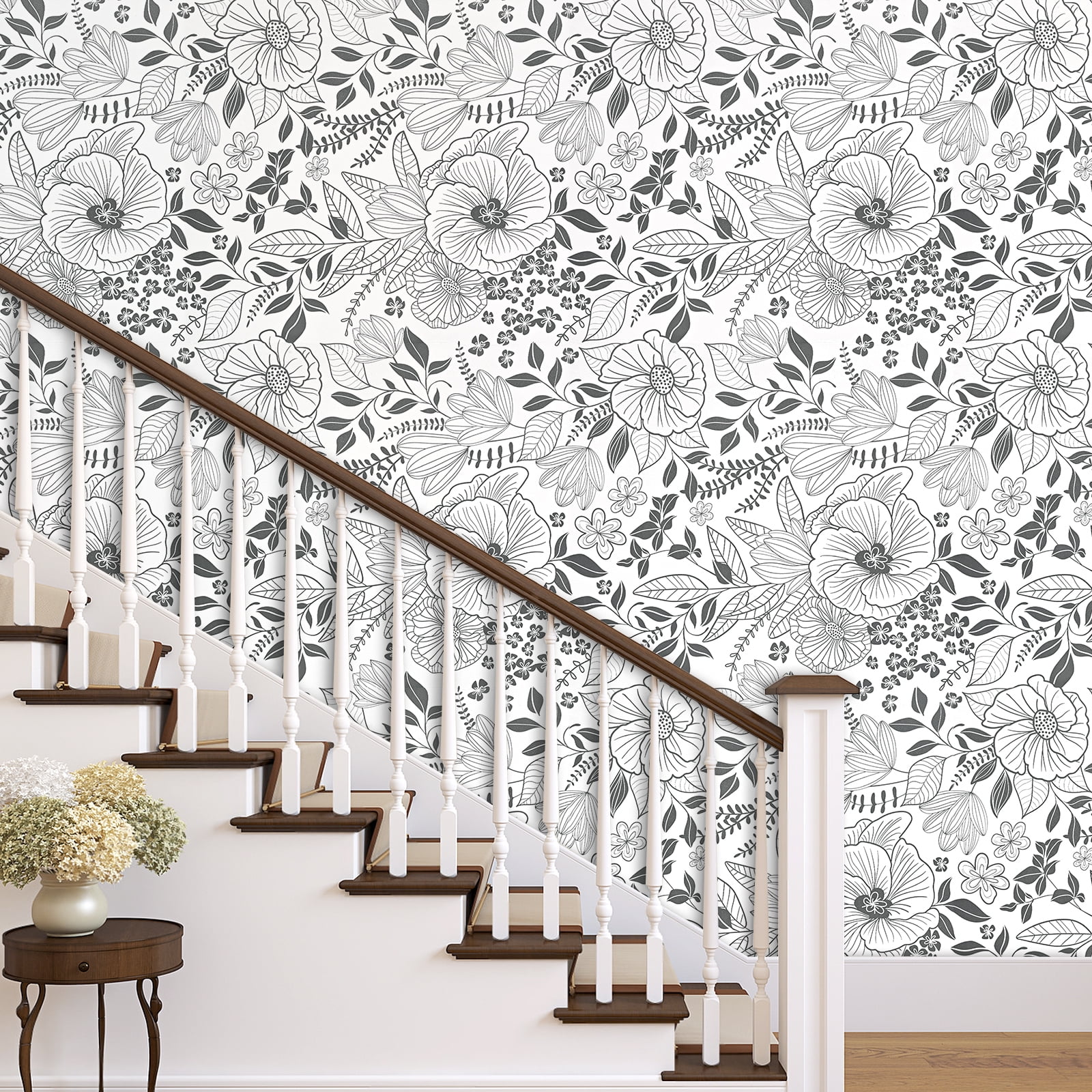 DAZLUTE Peel and Stick Removable Wallpaper White Black Floral Contact Paper Wallpaper,17.72" x 118"