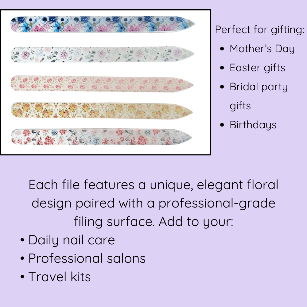 Full Bloom 5-Pack Glass Nail Files Set with Cases - Professional Etched Glass Manicure Files with Floral Designs - Gentle Nail Care Tools for Natural & Artificial Nails