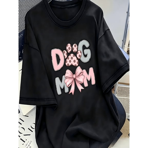 Women's Dog Mom Graphic T‑Shirt, Paw Print Pink Bow Short‑Sleeve Crew Neck Casual Pet Lover Top