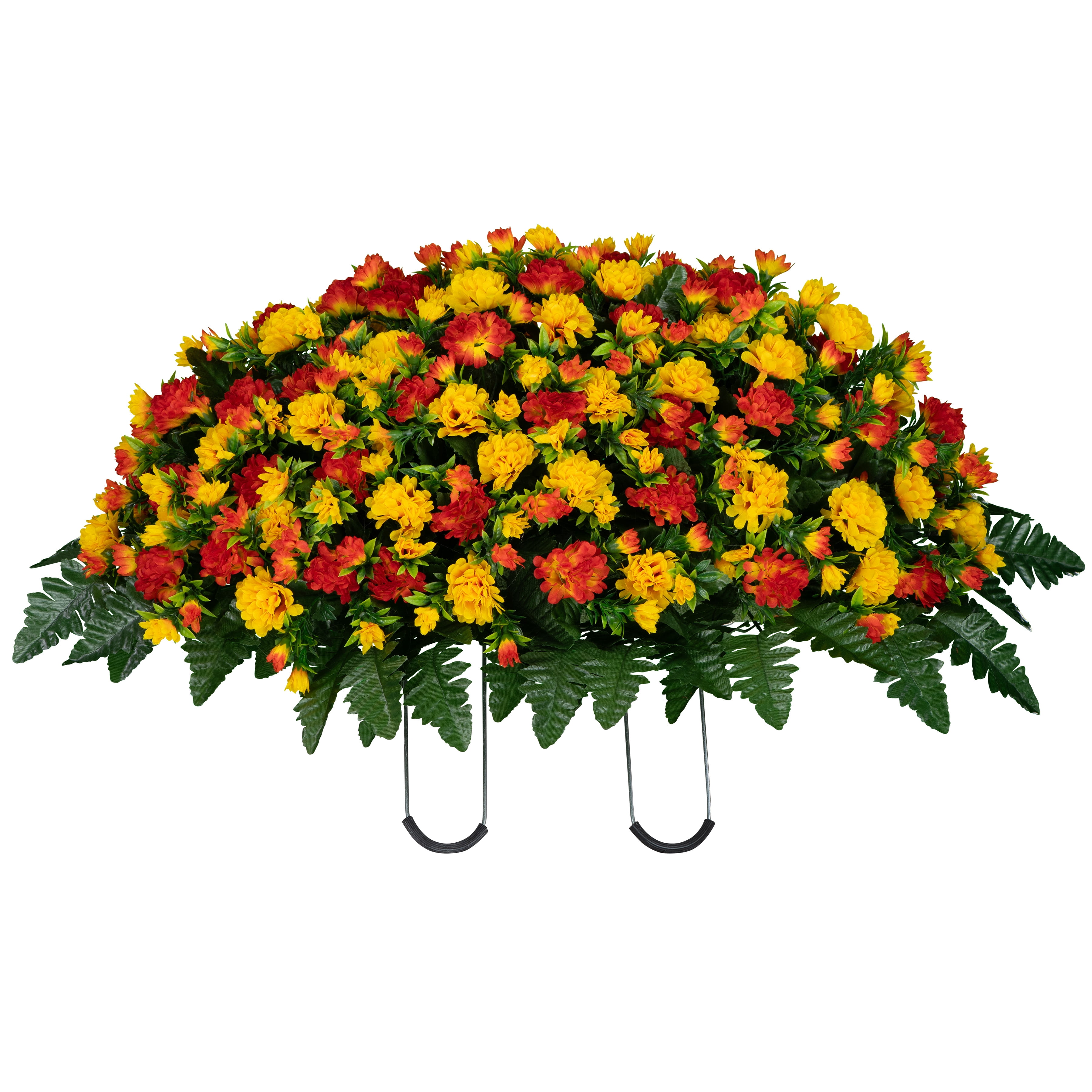 Sympathy Silks Artificial Cemetery Flowers Sunset Orange Garden Mums Bouquet & Saddle