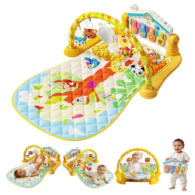 IMGadgets Baby Play Mat with 360° Rotating Musical Piano (Yellow) | 4-in-1 Fitness Activity Rack with Removable Rattles & Hanging Toys | Extra-Soft Tummy Time Mat | Newborn Baby Essentials