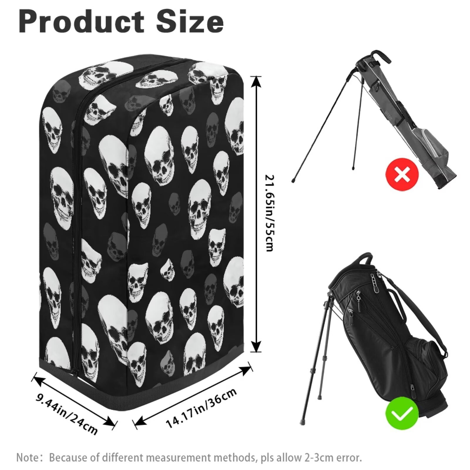 Chririnla Black Skull Fashion Golf Bag Rain Cover Waterproof Hood with Snap Button Dust & UV Protection Universal Fit for Most Tour Bags, Cart Bags & Stand Bags
