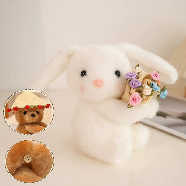Juguetes de piscina, juguetes para bebés, juguetes para niños pequeños. Oso de peluche con forma de rosa y flor abrazando. Mesa combinada con llavero de flor pequeña tejida y oso pequeño. Bolsa colgan