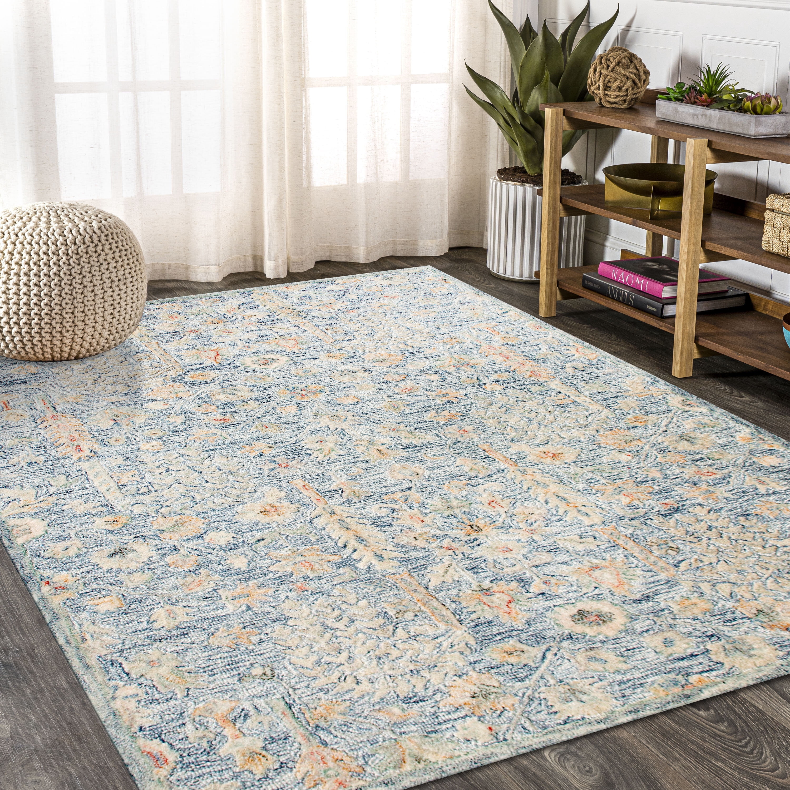LR Home Viane Blythe Blue/Taupe Vintage Floral Wool Area Rug, 7'9" x 9'9"