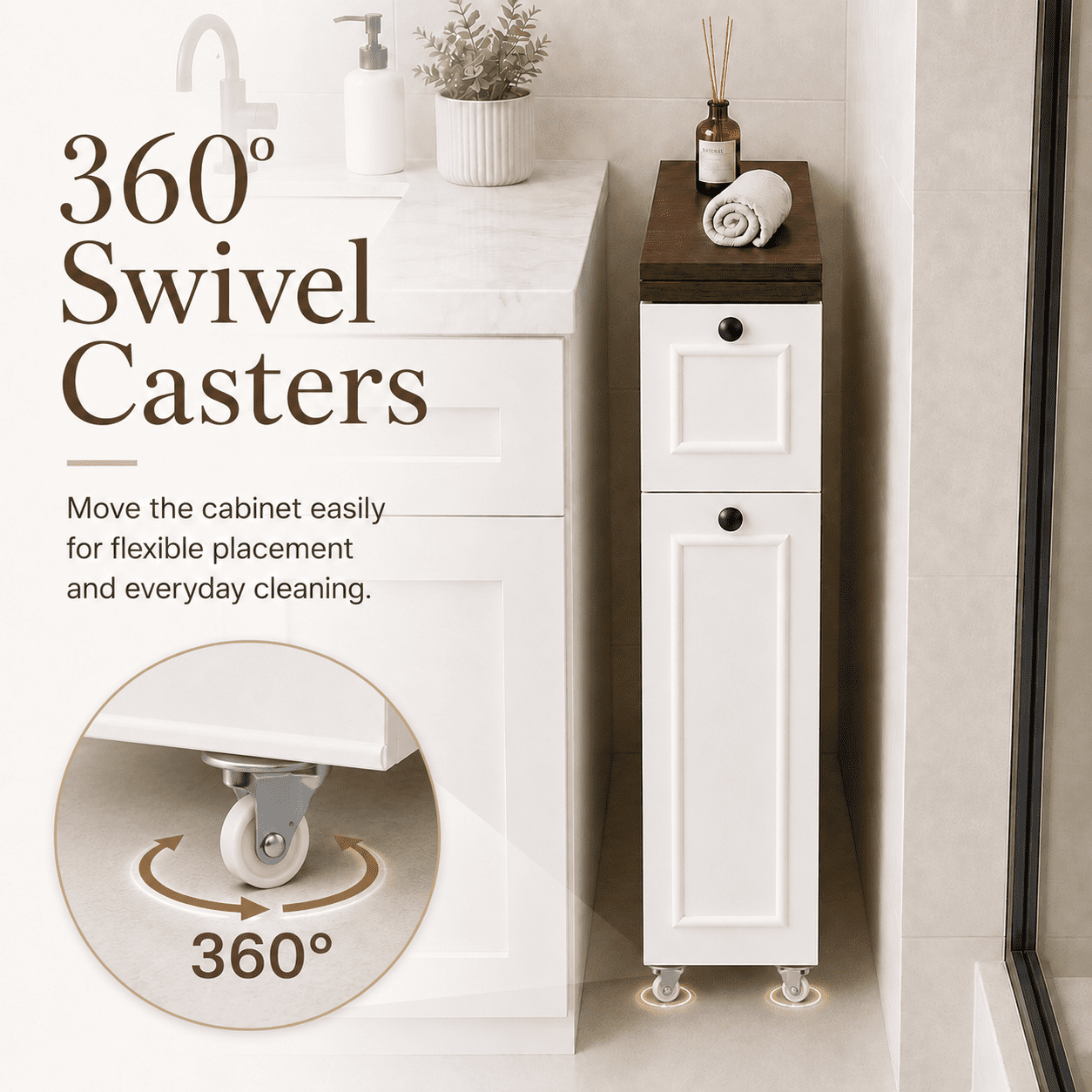 Slim Bathroom Storage Cabinet 32.28 Inch, Flip-Top Rolling Organizer with Wheels for Small Spaces, Narrow Side Cabinet for Bathroom and Laundry, White