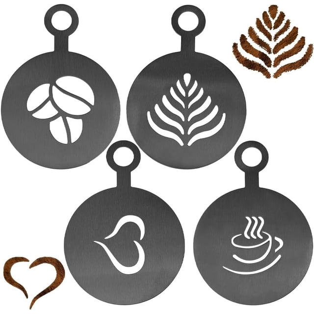 plantillas para decorar café, plantillas para tazas de café, plantillas para café con leche doradas, planas, redondas, con patrón de hojas y corazones, plantillas para arte de capuchino para