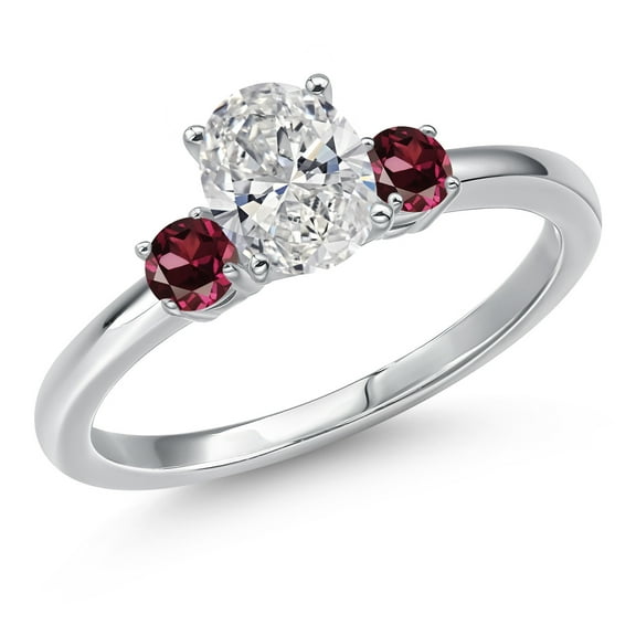 Gem Stone King 14K White Gold DEF Lab Grown Diamond and Red Rhodolite Garnet Engagement Ring for Women | 0.94 Cttw | Oval 7X5MM | Gemstone April Birthstone | Size 7