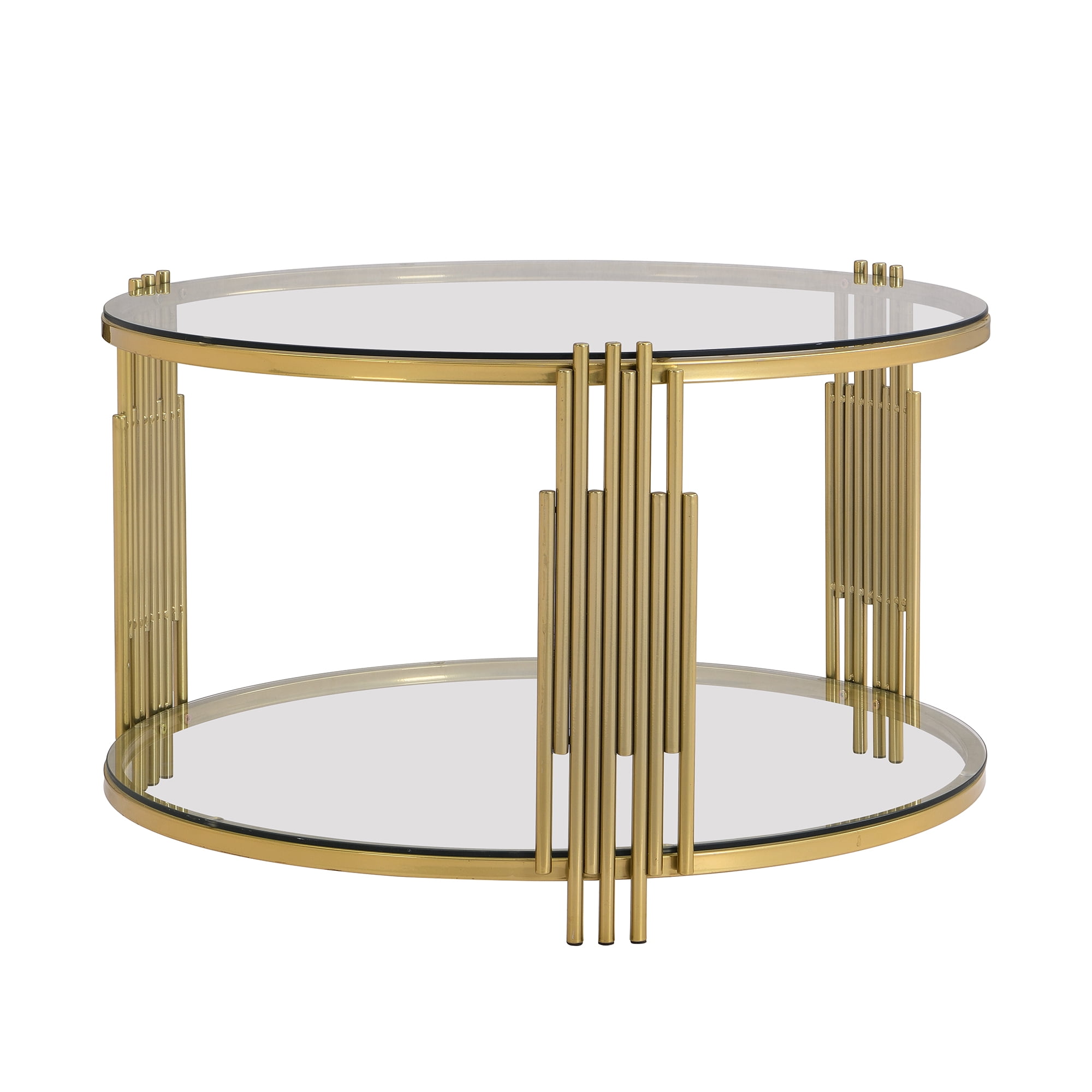 Aukfa Modern Round Tempered Glass Coffee Table, 2-Tier Center Table with Golden Metal Frame for Living Room, Transparent