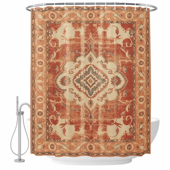 Orange Boho Shower Curtain, Waterproof Shower Curtains for Bathroom, Geometric Antique Tribal Retro Ethnic Washable Fabric Bathtub Curtain Set Bath Decor with 12 Hooks Stall 36"x72"