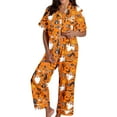 thumbnail image 3 of Womens Halloween Pajamas Full Theme Printed Silk Short Sleeve Button Down Lapel Pocket Shirts Loose Straight Casual Pants Comfy Nightwear Fall Winter 2 Pc Womens Loungewear Set Orange XXL, 3 of 7