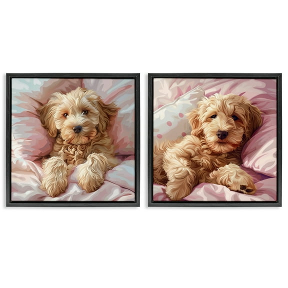 Stupell Industries Cuddling Labradoodle in Bed Animals Painting Black Floater Framed Canvas Art Print Wall Art, 18 x 18, Set of 2