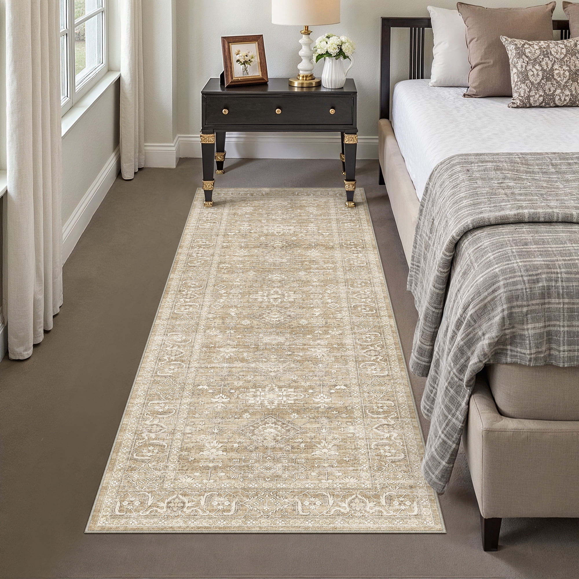 BERTHMEER 2'x6' Runner Rugs for Hallway Kitchen Entryway Bedroom Bathroom Entrance Oriental Vintage Farmhouse Machine Washable Non-slip Traditional Distressed Runner Rugs, Beige
