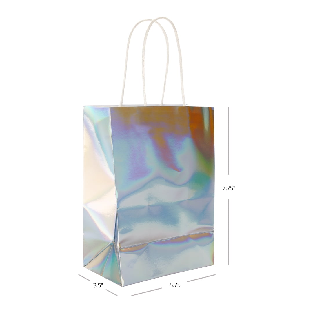 Koyal Wholesale Iridescent Party Bags with Handles, 5.75 x 7.75 inches, 25 Pack Holographic Silver Foil Gift Bags