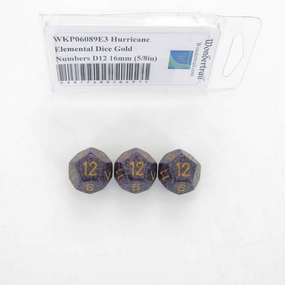 Hurricane Elemental Dice with Gold Numbers D12 16mm (5/8in) Pack of 3 Wondertrail