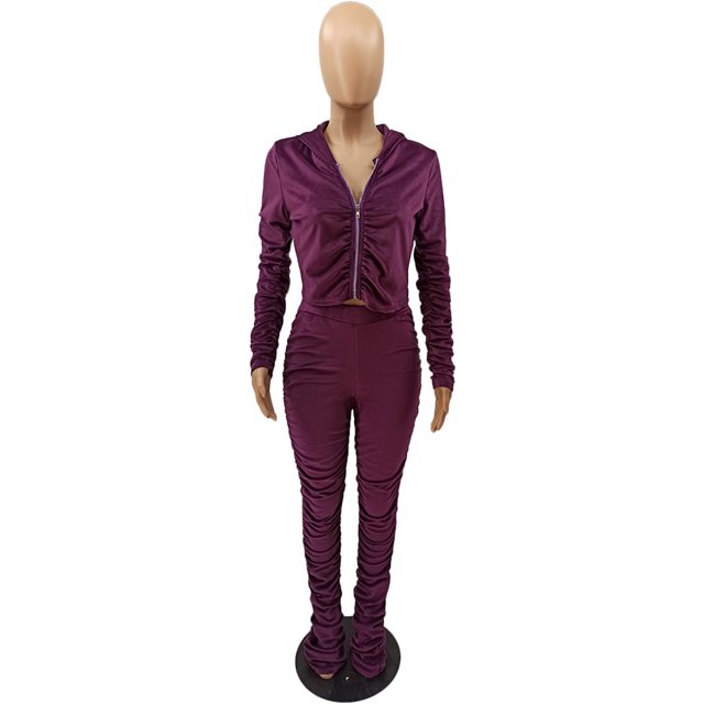 Honganda Ensemble Deux Pièces Haut à Capuche Plissé Mince avec Fermeture Éclair et Pantalon