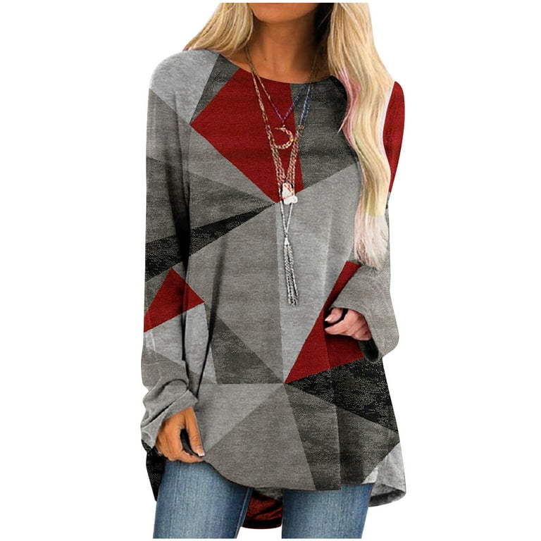 Scyoekwg Womens Tunic Tops To Wear with Leggings Dressy Casual Color Block  Geometry Printed Tunic Shirts Trendy Lightweight Round Neck long Tops Long