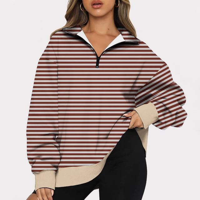 TIMIFIS Chandails en Molleton à Fermeture Éclair pour Femmes Décontracté Rayé Imprimé Col en V Chandail Automne Hiver Manches Longues