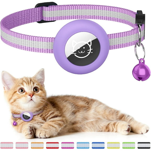 1Pack Airtag Cat Collar, Reflective Apple Airtag Cat Collar Holder with Bell, Silicone Waterproof Airtag Case Beautiful Cat Collar for Kitten Puppy Compatible (Purple)