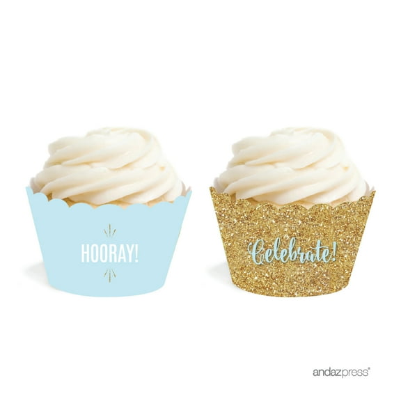 Signature Baby Blue, White, Gold Glittering Party, Cupcake Wrappers, 20-Pack