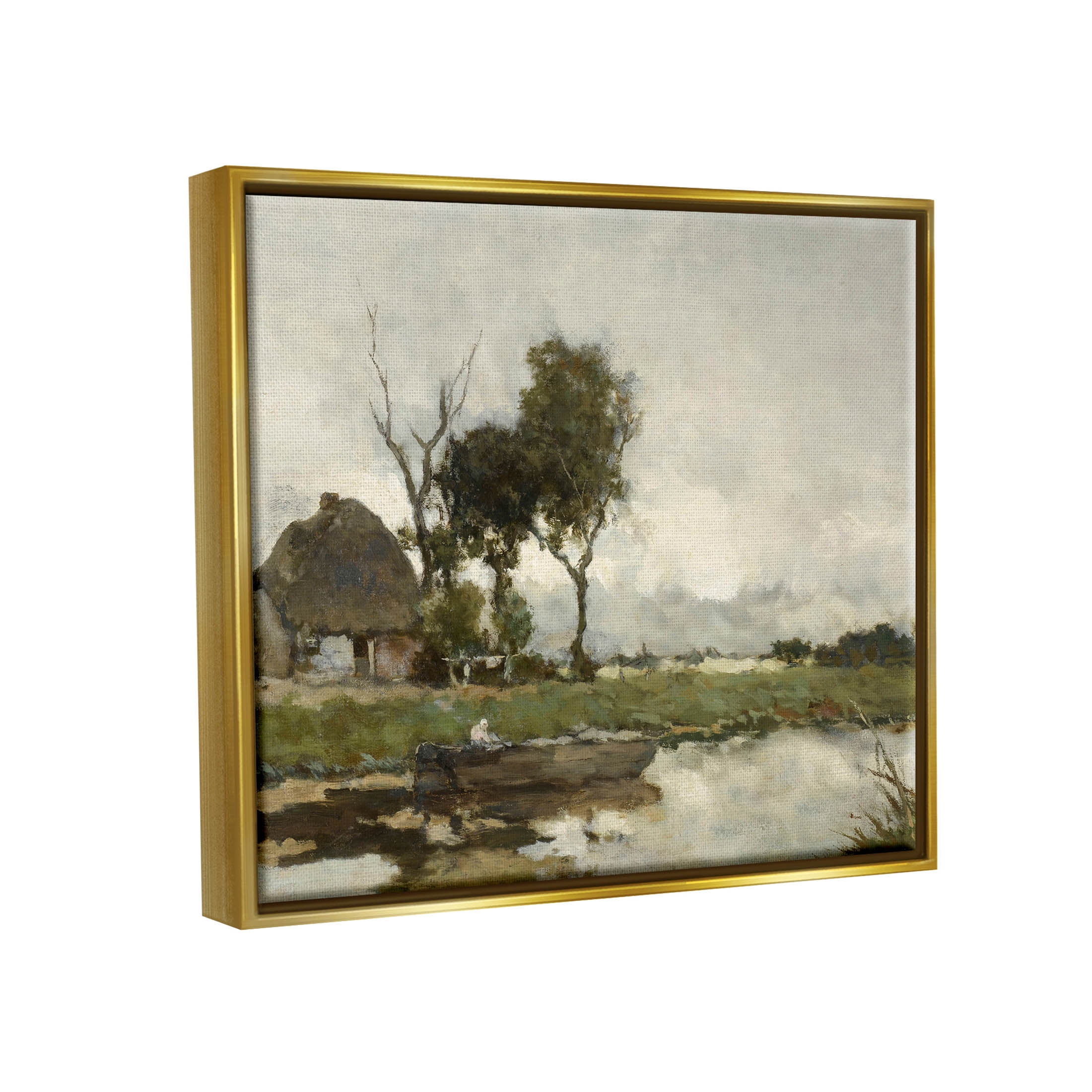 Boat on River Classic Scene Landscape Painting Metallic Gold Framed Art Print Wall Art