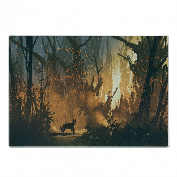 Occult Cutting Board, Lost Dog in Forest Theme over Trees Adventure Spooky Design Elements, Decorative Tempered Glass Cutting and Serving Board, Small Size, Orange Brown, by Ambesonne