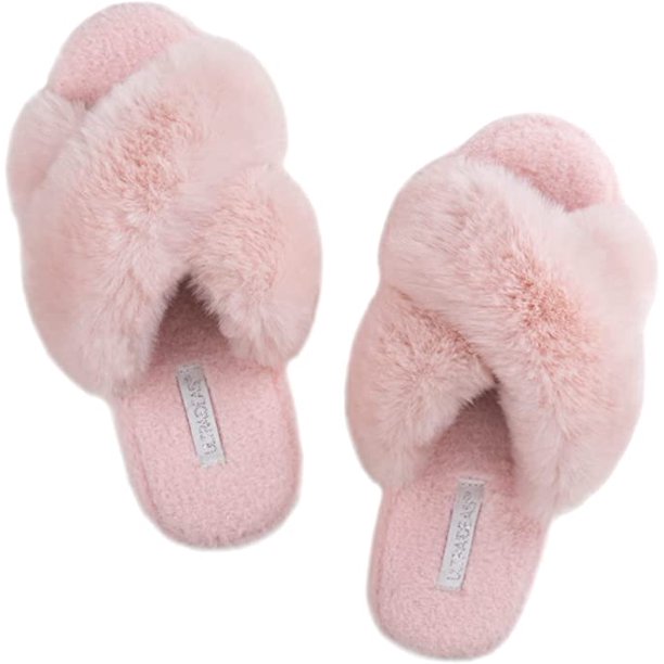 ULTRAIDEAS Women's Cross Band Fuzzy Fluffy House Shoes, Open Toe Slide ...