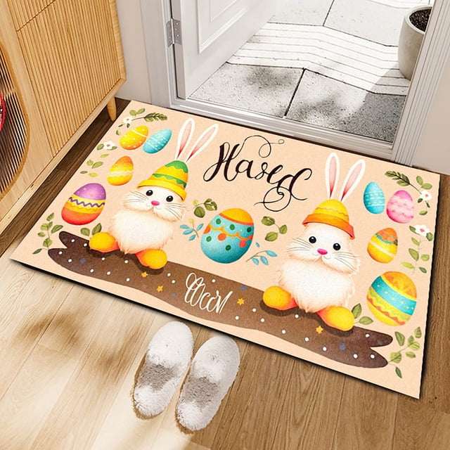 Weloille Easter Area Rug 1Pc, Cartoon Rabbit Egg Pattern Non-Slip Carpet, Soft Washable Absorbent Decorative Mat for Living Room Bedroom Entryway Easter Home Decor