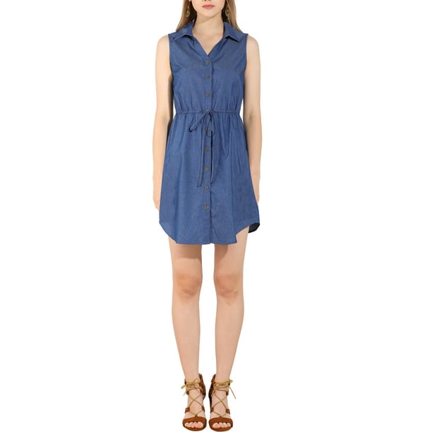 Vestido de camisa de mezclilla sin mangas con cuello y botones para mujer, con cinturón en la cintura, color azul M