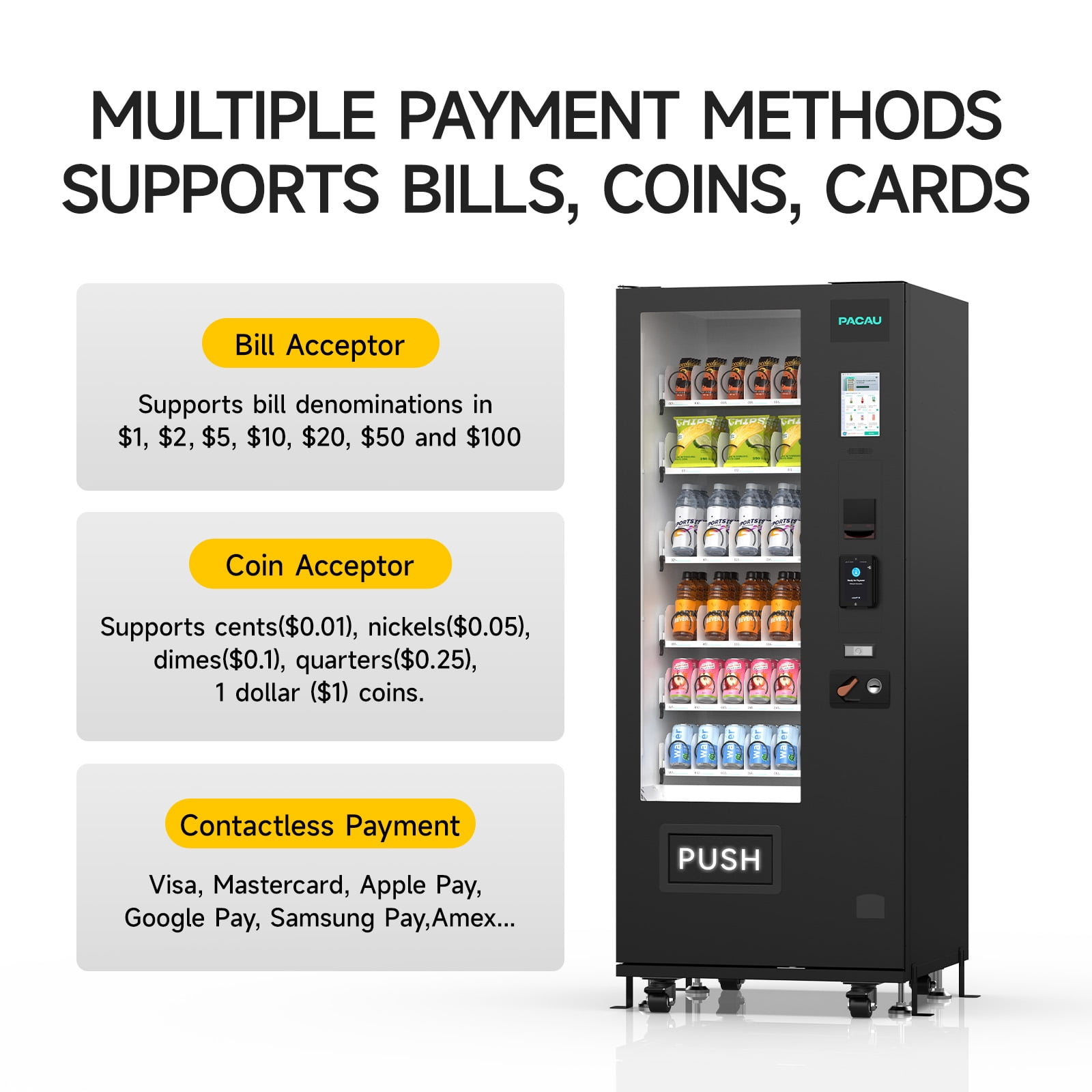Vending Machine, 36 Slot Snack & Drink Combo, Remote App Monitoring, Dual Cash & Cashless Payment System with Bill, Coin & Card Reader, Unattended Business Vending for Office, Gym, Apartment & Hotel