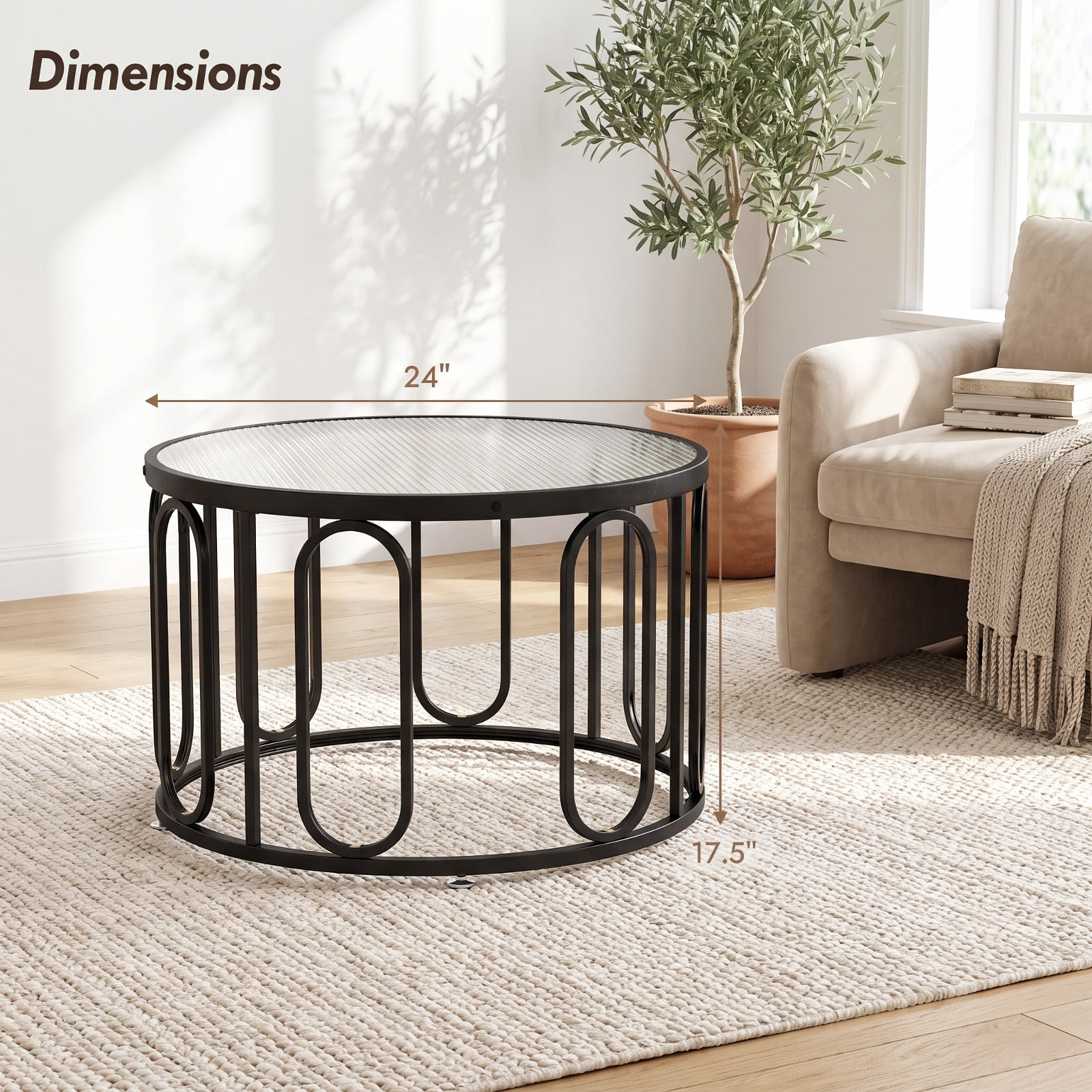 Furnibear 24 Inch Round Coffee Table with Reeded Tempered Glass Top and Oval Swivel Brackets a Modern Small Living Room Glass Center Table, Black