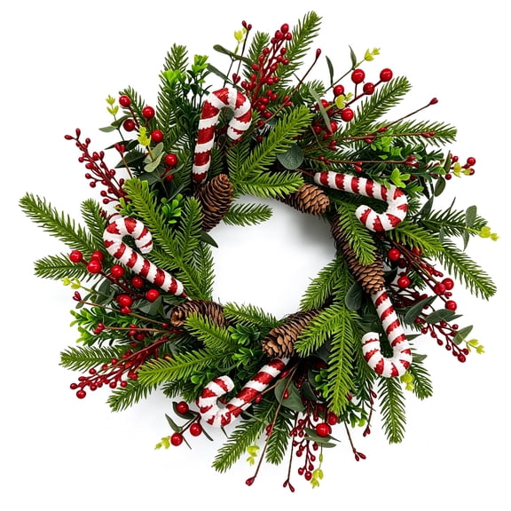20 Inch Christmas Wreath for Front Door, Artificial PVC Wreath with Candy Canes Red Berries Pinecones, Classic Holiday Wreath for Indoor Outdoor Xmas Home Decor