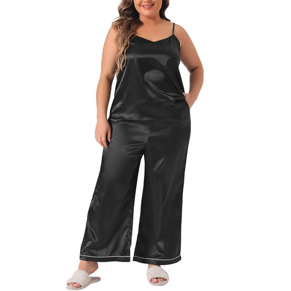 DARING DIVA Women's Plus Satin Pajama Sets Sleepwear Cami Top and Pants 1X Black