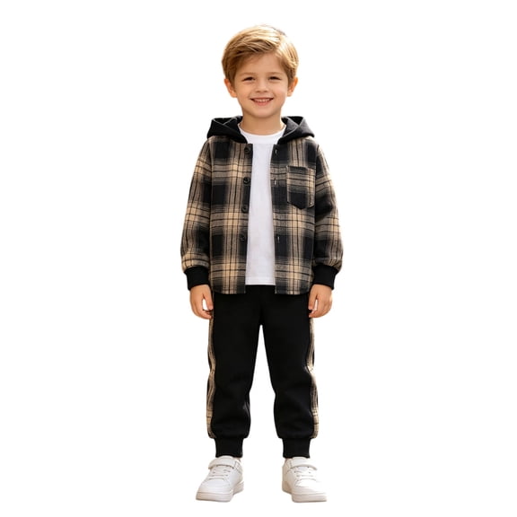 Toddler Boys Lightweight Plaid Shacket and Sweatpants Set 2 Piece Casual Fall Winter Outfit with Side Pockets 3-7Y