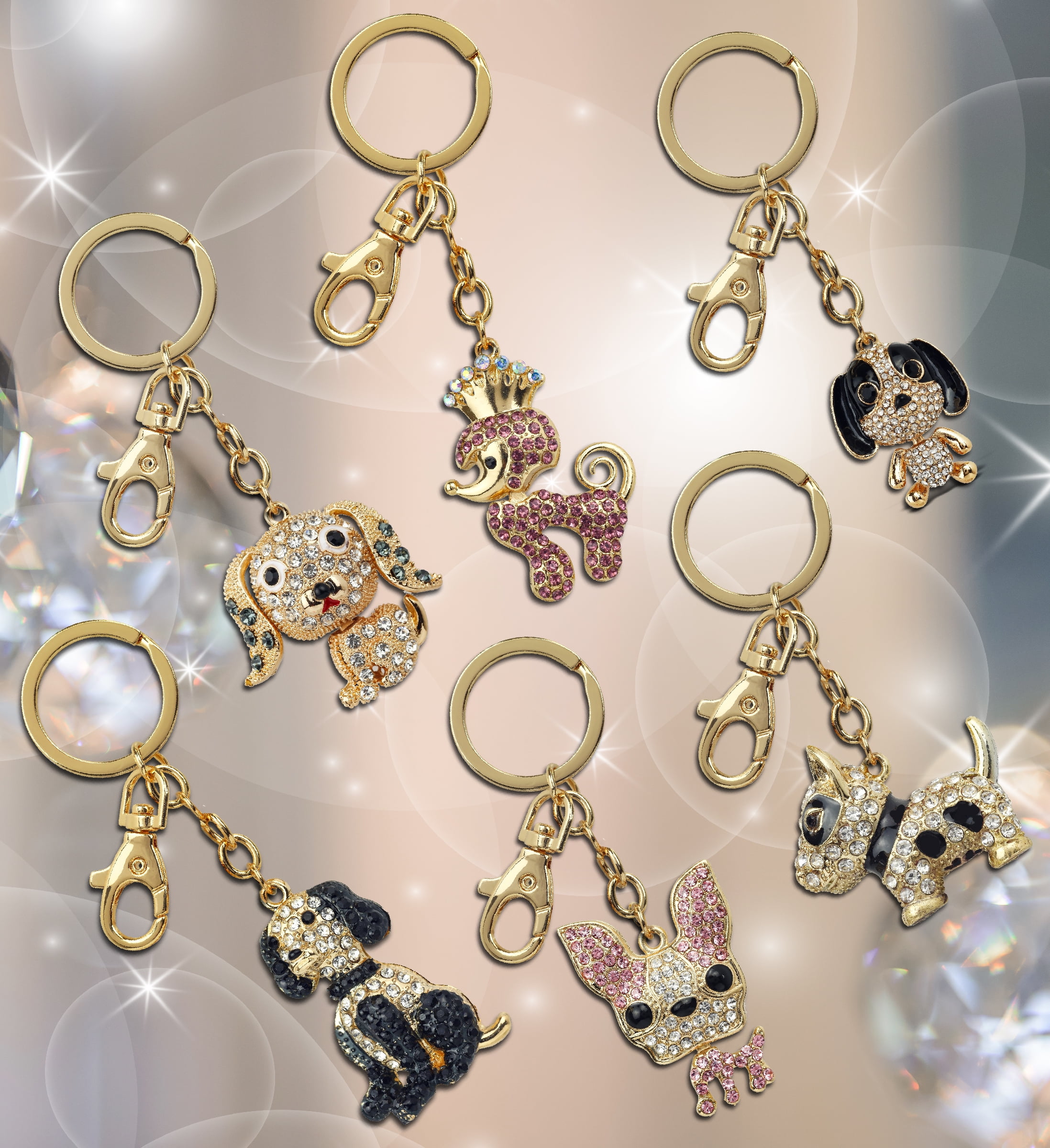 Aqua79 Dogs Sparkling Golden Keychains Set of 6 – Poodle, Beagle, Hound, Bull Terrier, Chihuahua Charm Rhinestones, Gold Metal Key Ring – Keychain Accessories with Clasp for Bag, Purse, Backpack