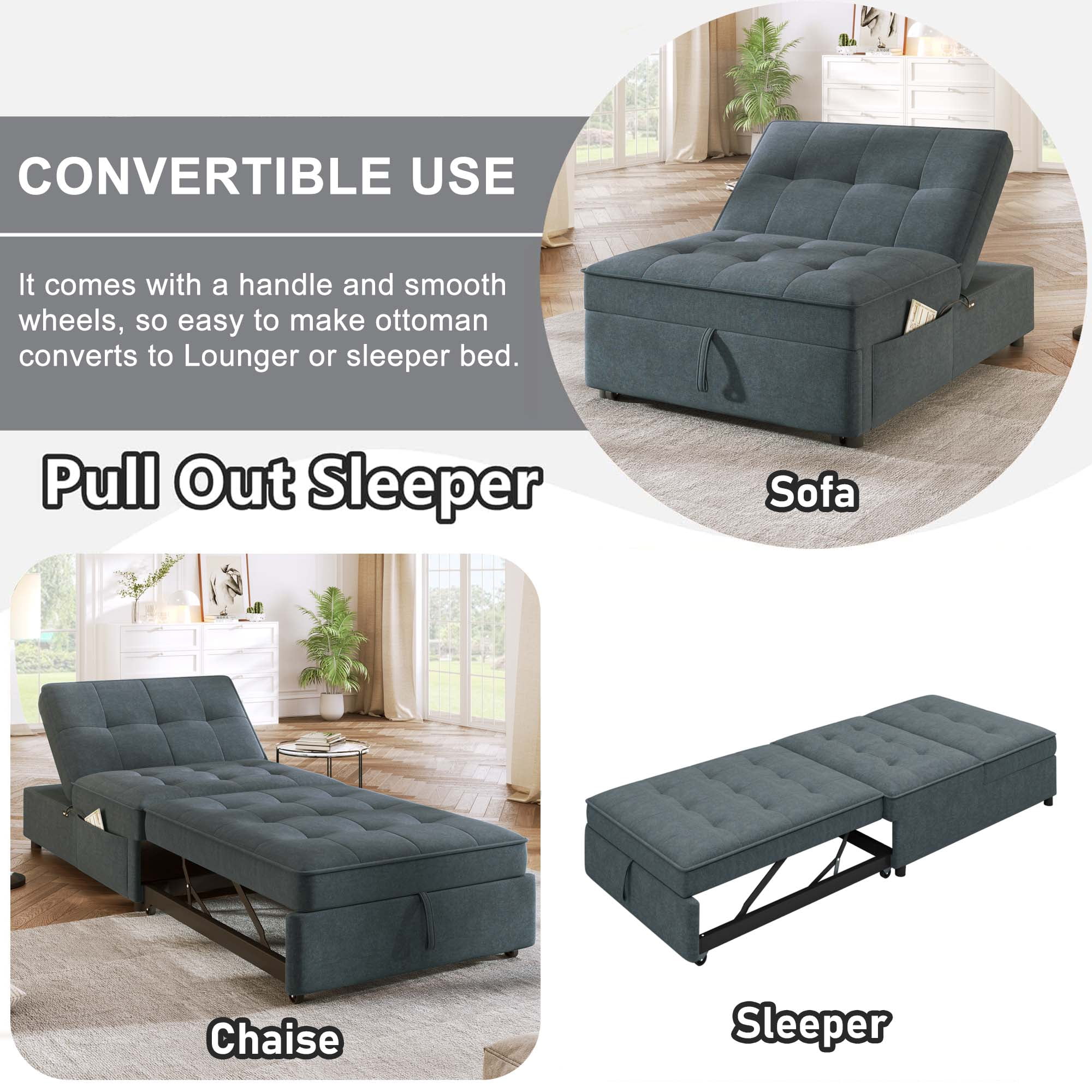 Aukfa Convertible Sleeper Sofa Chair Bed, 3-in-1 Pull Out Sleeper Chair with USB Port and Pocket for Living Room - Gray