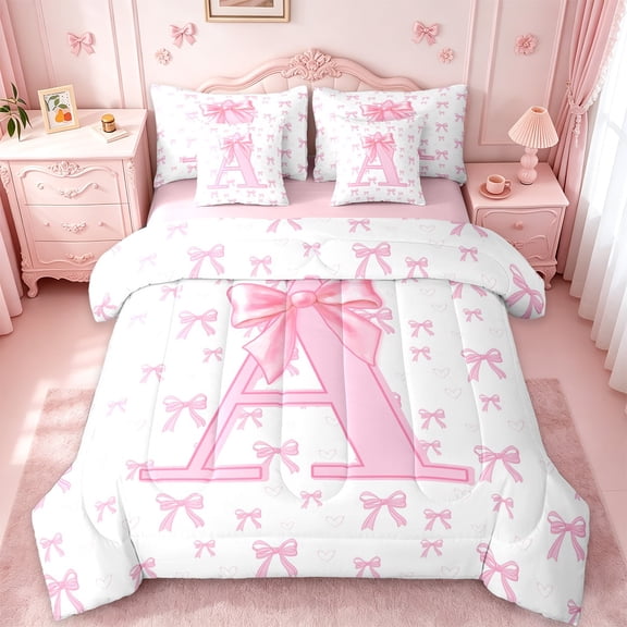 jejeloiu Letter A Monogrammed 7-Piece Twin Bedding Sets,Kawaii Cute Bowtie Bedding Comforter Set,Pink Bowknot Ribbon Sheet Sets For Girls,Microfiber Room Decorative Reversible