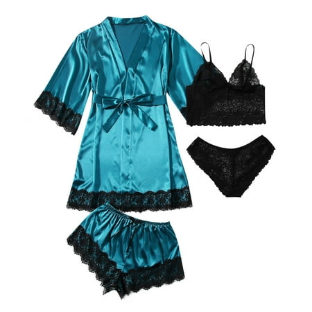 

Summer Clearance Womens Pajamas WJSXC Pajamas for Women Women Plus Size Sexy Lingerie Silk Robe Satin Bathrobe Four-piece Set Sleepwear Pajamas Sky Blue XL