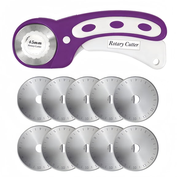 45mm Rotary Cutter for Fabric with 10 Replacement Blades, Ergonomic Safety Fabric Roller Cutter for Leather, Sewing, Quilting & Crafting, Ambidextrous Left/Right Handed Design (Purple)