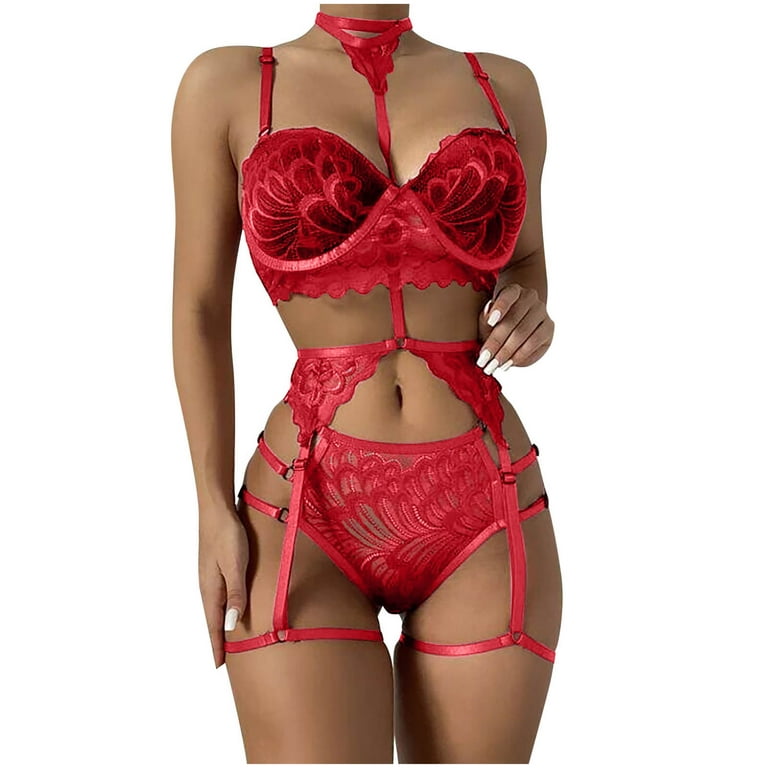 RQYYD Women Lingerie 3 Piece Lace Bra and Panty Sexy Sets with Underwire  Garter Lingerie with Choker (Red,M)