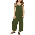 thumbnail image 4 of Toddler Kids Girls' Casual Sleeveless Jumpsuits Spaghetti Strap Loose Romper Wide Leg Long Pants with Pockets, Summer Fashion Cute Solid Color Suspenders Clothes Army Green qILAKOG 7-8 Years, 4 of 6
