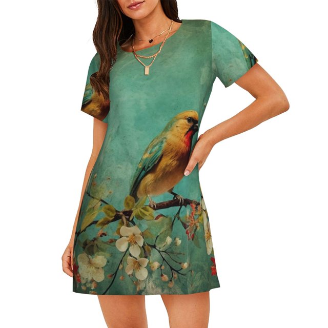 Disketp Retro Birds para Camisón Corto de Manga Corta para Mujeres, Camisón Cómodo con Escote Redondo, Bonito y Confortable