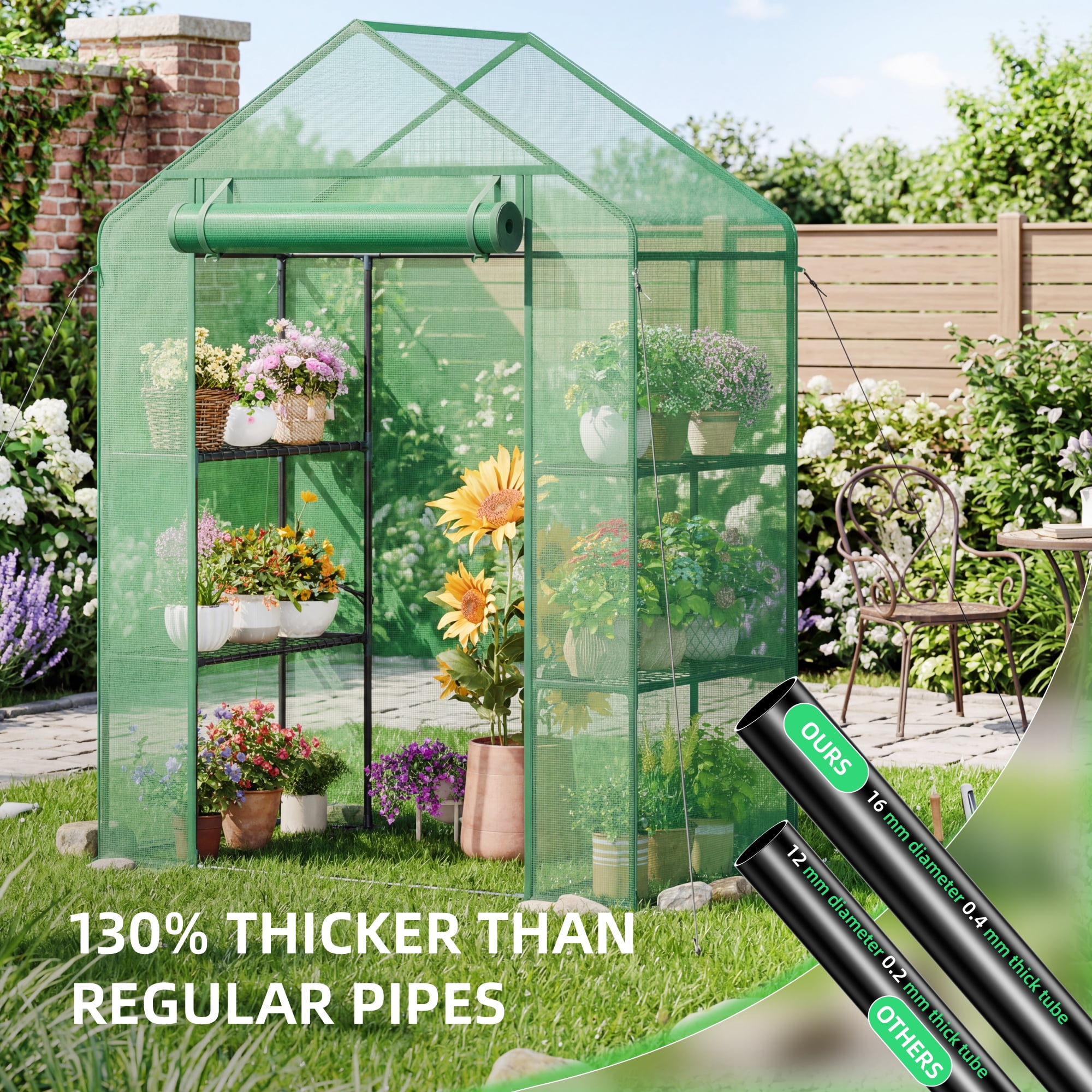 Biotree Greenhouses for Outdoors, Durable Green House Kit with Window, 3 Tiers 8 Shelves, Green