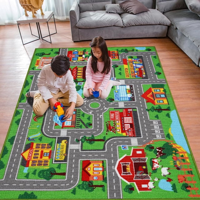 Kids Carpet Car Play Rug for Playroom, Play Rugs Town City Road Map Rug, Extra Large Boys Kids Car Track Carpet for Playroom, Bedroom, Living Room, Green 150X100 CM