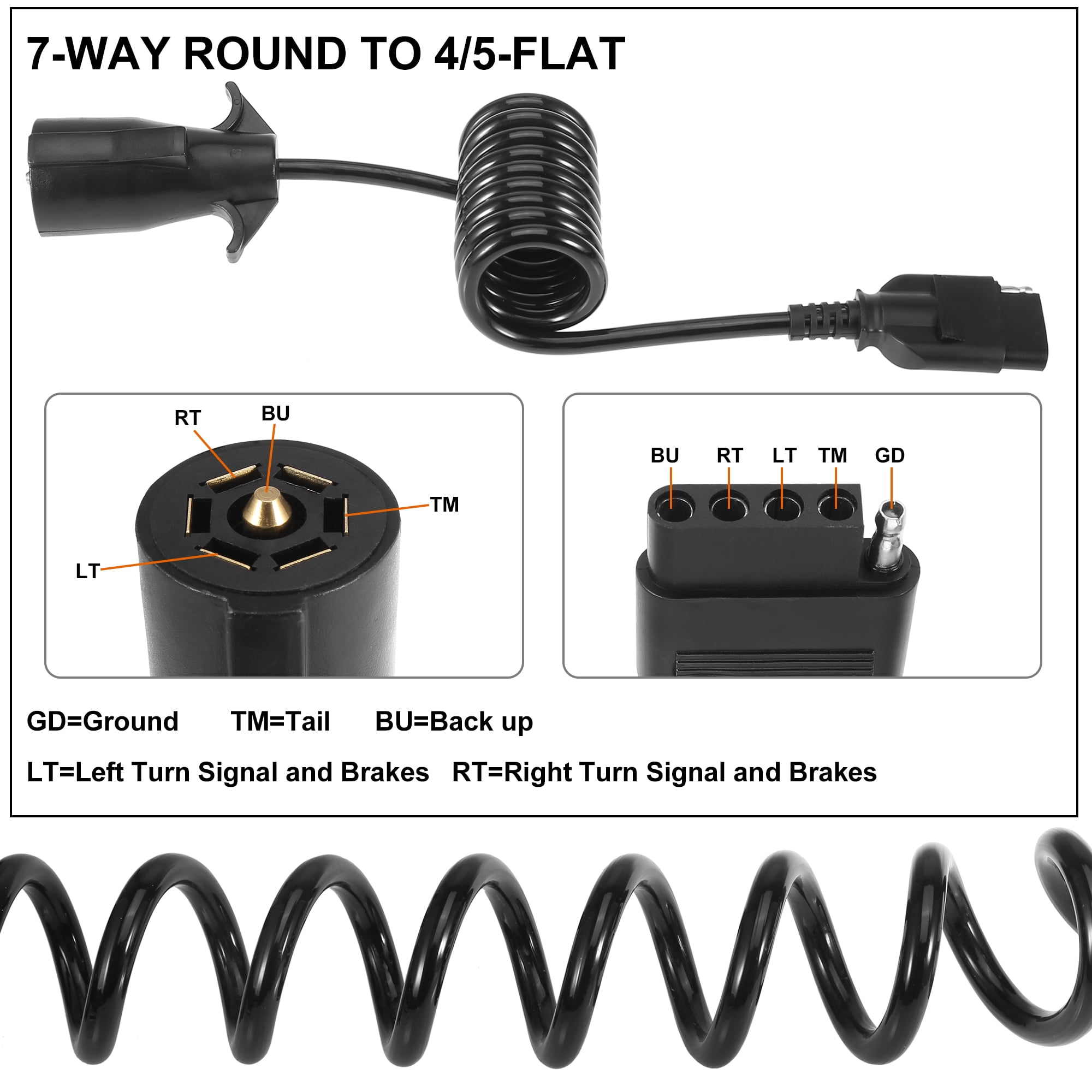 X AUTOHAUX 5ft 7 Way Round to 4 Way Pin Flat Trailer Coiled Wiring Harness Connector Adapter Plug 