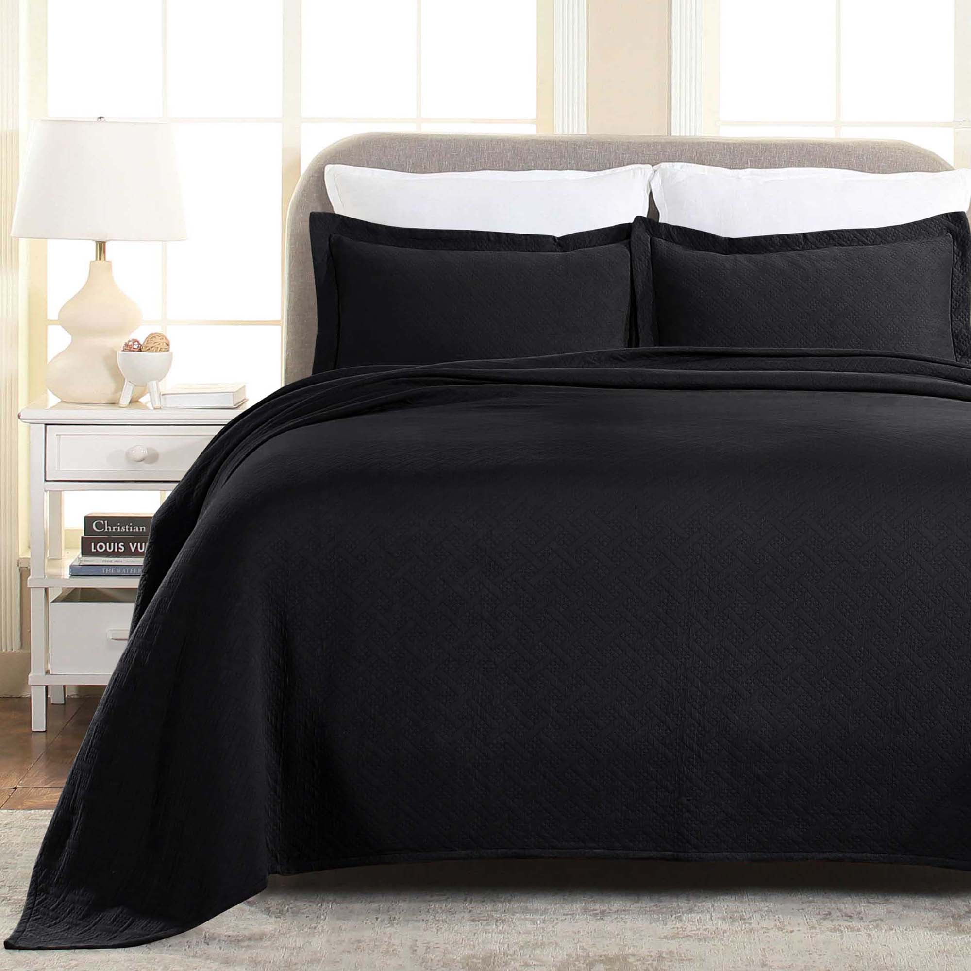 Superior Basket Weave 2 Piece Decorative Cotton Bedspread, Lightweight Bedding Set, Twin Size, Black
