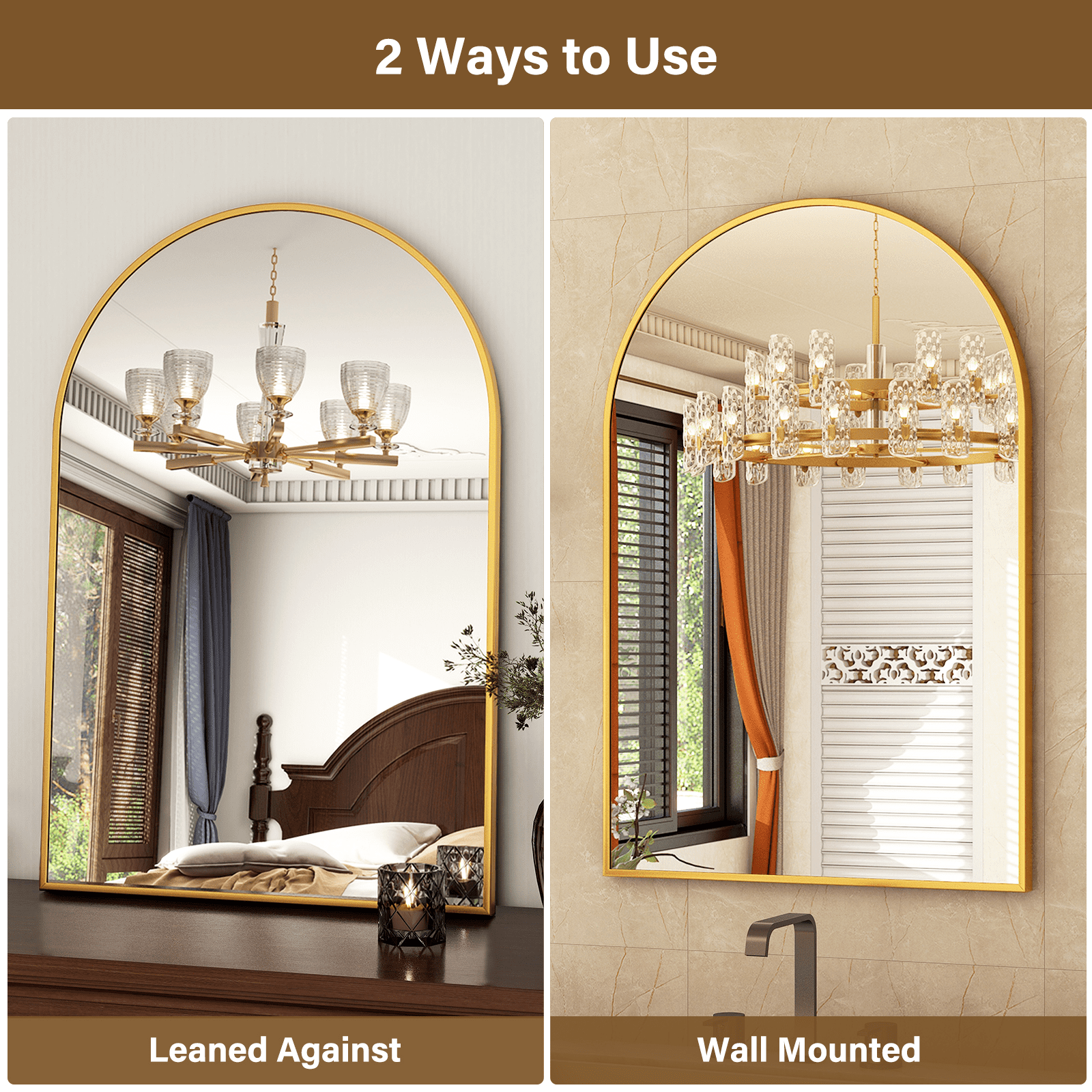 GRAHMCY 24"x16" Arched Bathroom Mirror Wall Mirror With Aluminum Alloy Frame, Gold