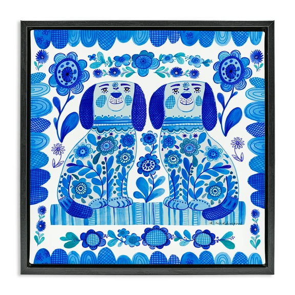Stupell Industries Blue Folk Style Puppies Animals Painting Black Floater Framed Canvas Art Print Wall Art, 18 x 18
