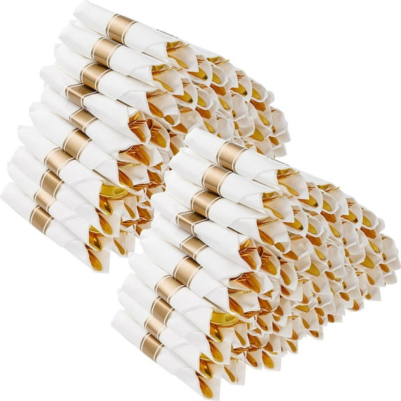 Goodluck 100 Pack Pre Rolled Gold Plastic Silverware, Wrapped Plastic Cutlery Set with Napkin Include 100 Forks, 100 Knives, 100 Spoons and 100 Napkins, Disposable Silverware for Party, Wedding